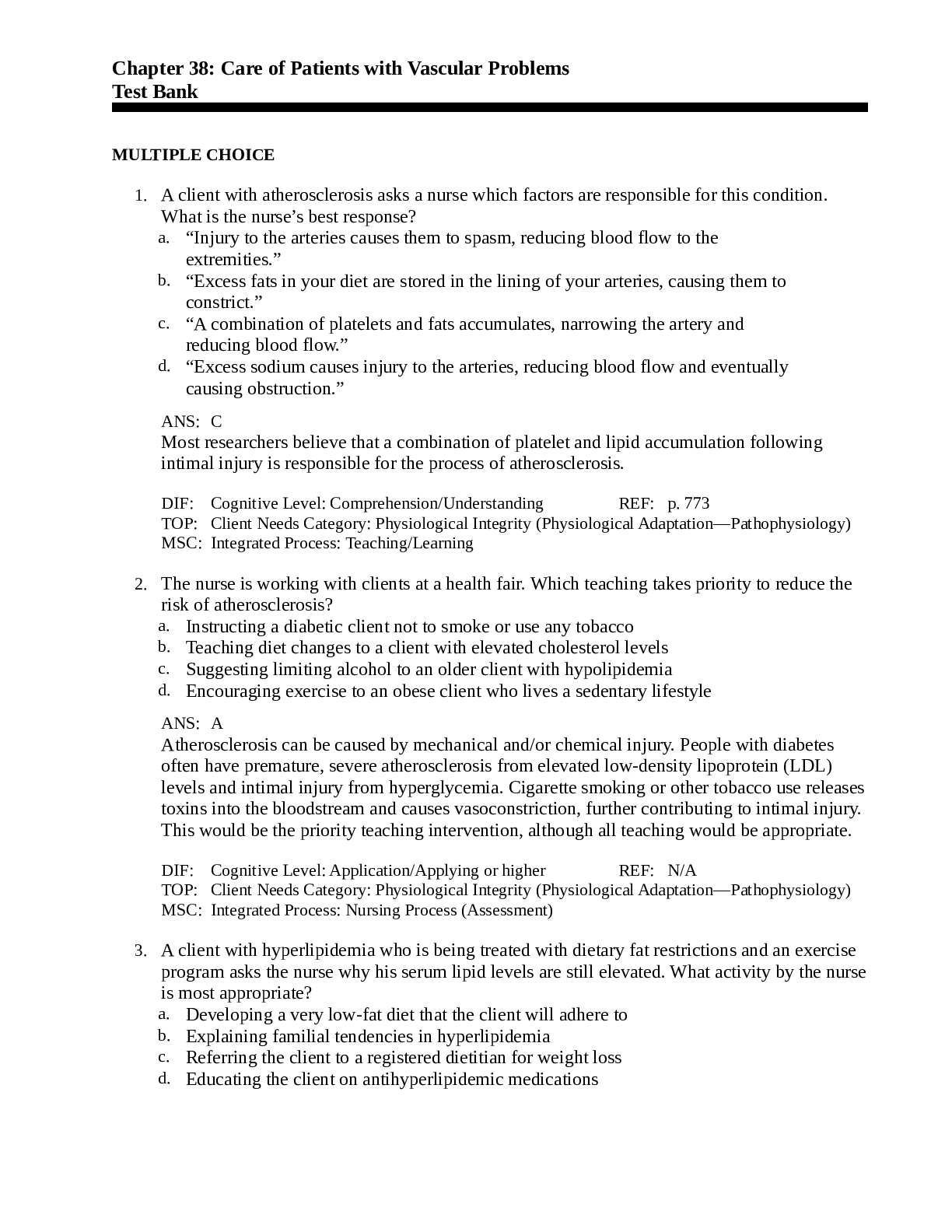 Preview image for Chapter 38: Care of Patients with Vascular Problems Test Bank